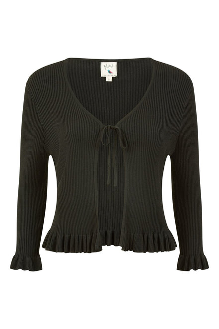Yumi Black Tie Up Ribbed Cardigan with Frill Hem