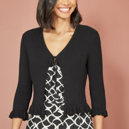 Yumi Black Tie Up Ribbed Cardigan with Frill Hem