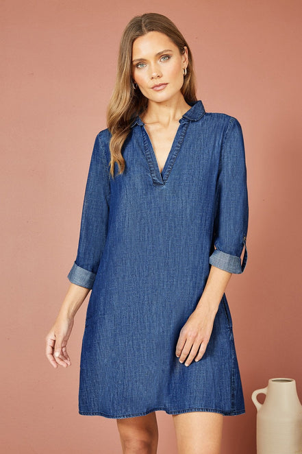 Yumi Blue Chambray Cotton Tunic with Pockets