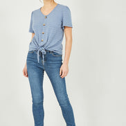 Yumi Blue Striped Jersey Button Detail Top