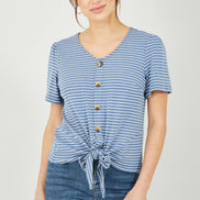 Yumi Blue Striped Jersey Button Detail Top