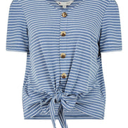Yumi Blue Striped Jersey Button Detail Top