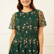 Yumi Green Embroidered Floral Skater Dress