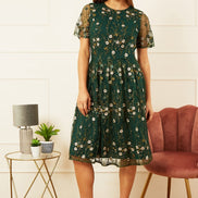 Yumi Green Embroidered Floral Skater Dress