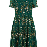 Yumi Green Embroidered Floral Skater Dress