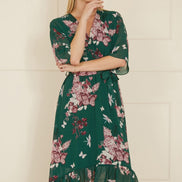 Yumi Green Floral Kimono Dipped Hem Dress