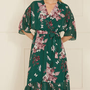 Yumi Green Floral Kimono Dipped Hem Dress