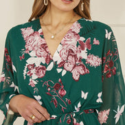 Yumi Green Floral Kimono Dipped Hem Dress