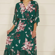 Yumi Green Floral Kimono Dipped Hem Dress