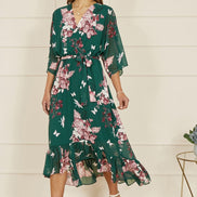 Yumi Green Floral Kimono Dipped Hem Dress