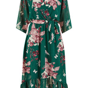 Yumi Green Floral Kimono Dipped Hem Dress