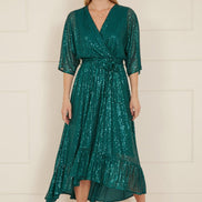 Yumi Green Sequin Kimono Midi Wrap Dress