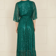 Yumi Green Sequin Kimono Midi Wrap Dress