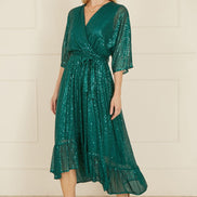 Yumi Green Sequin Kimono Midi Wrap Dress