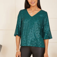 Yumi Green Sequin Top with Fluted Sleeve