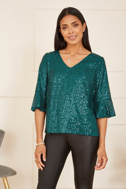 Yumi Green Sequin Top with Fluted Sleeve
