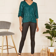 Yumi Green Sequin Top with Fluted Sleeve