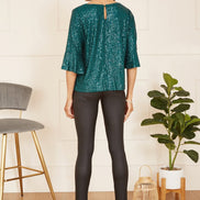 Yumi Green Sequin Top with Fluted Sleeve