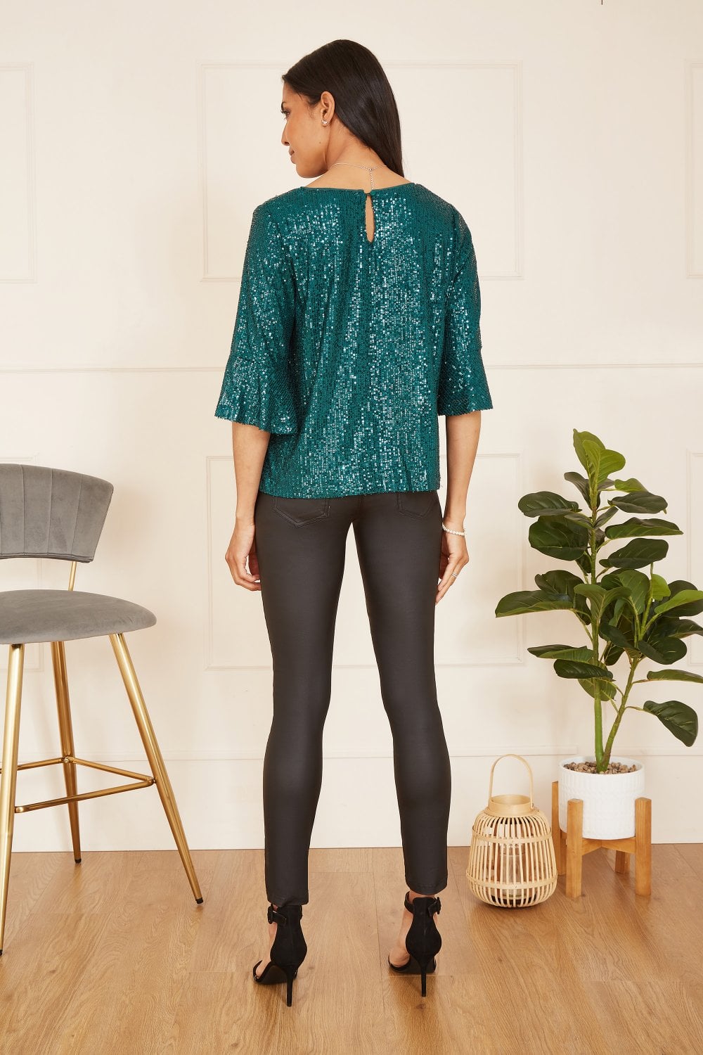 Yumi Green Sequin Top with Fluted Sleeve