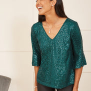 Yumi Green Sequin Top with Fluted Sleeve