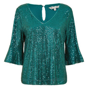 Yumi Green Sequin Top with Fluted Sleeve