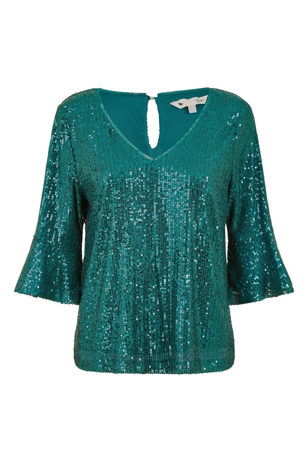 Yumi Green Sequin Top with Fluted Sleeve