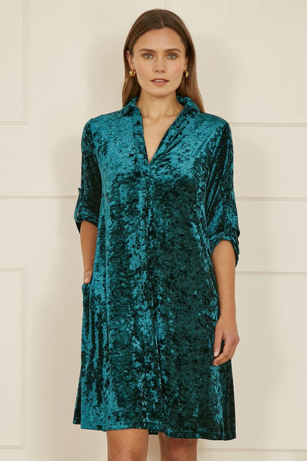 Yumi Green Velvet Tunic Dress with 3/4 Sleeves