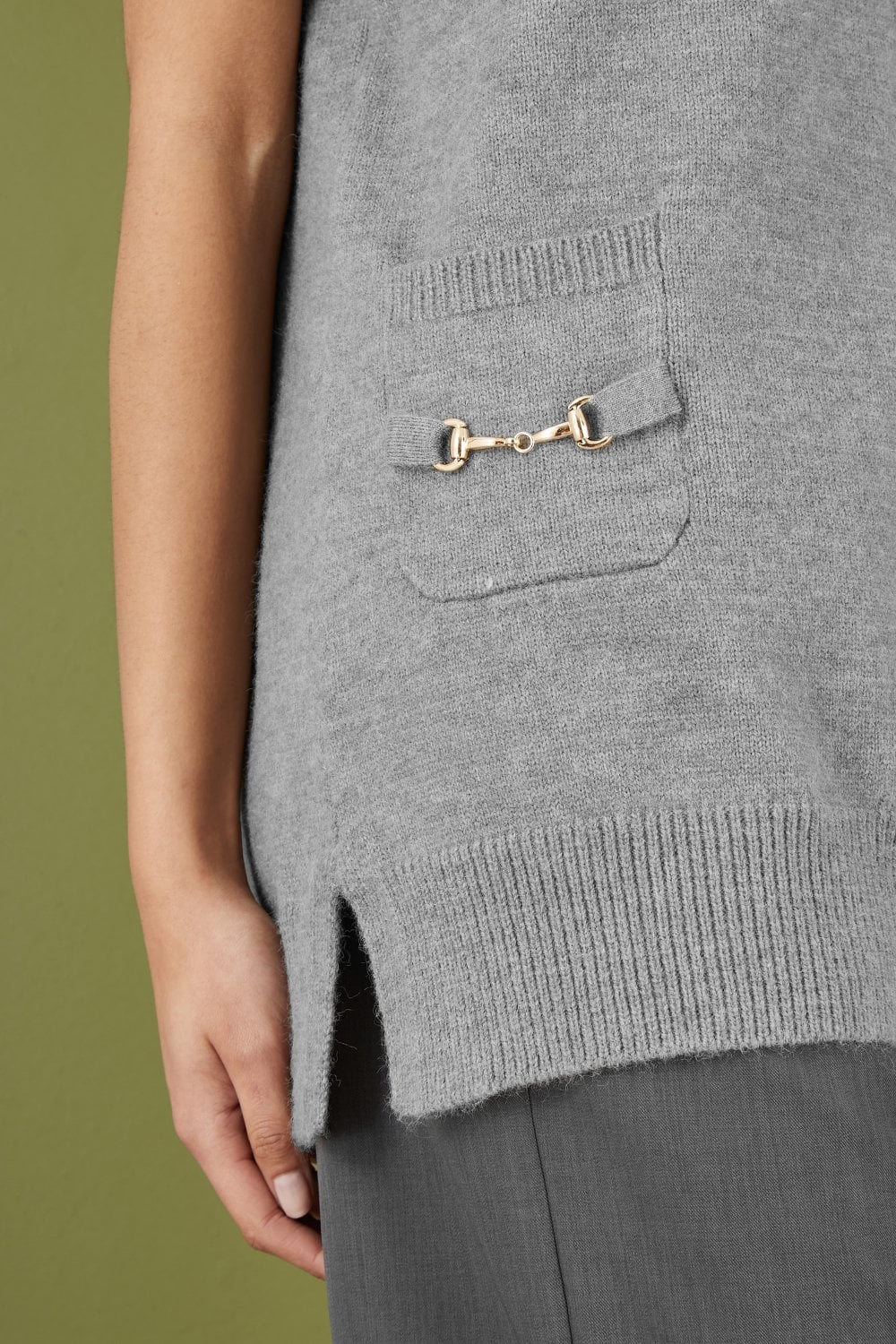 Yumi Grey Knitted Oversize Vest with Pockets and Snaffle Details