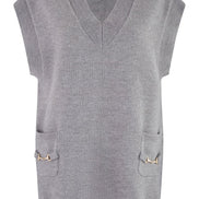 Yumi Grey Knitted Oversize Vest with Pockets and Snaffle Details