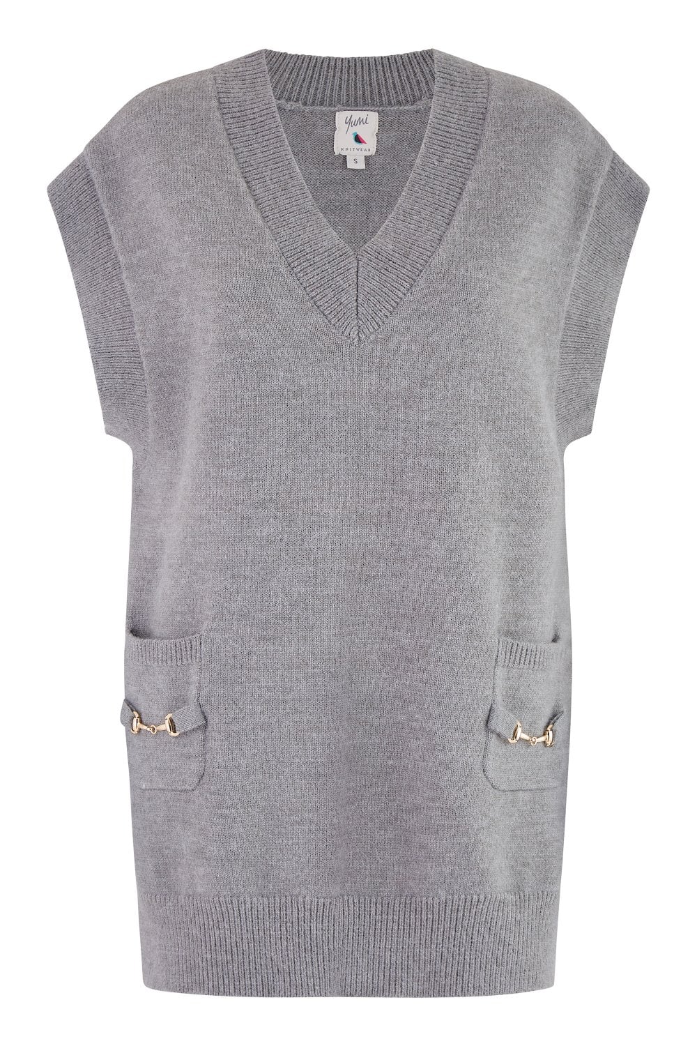 Yumi Grey Knitted Oversize Vest with Pockets and Snaffle Details