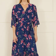 Yumi Navy Floral Kimono Dipped Hem Dress