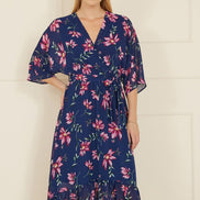 Yumi Navy Floral Kimono Dipped Hem Dress