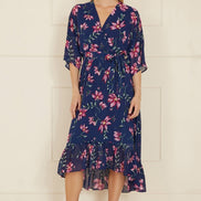 Yumi Navy Floral Kimono Dipped Hem Dress