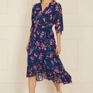 Yumi Navy Floral Kimono Dipped Hem Dress