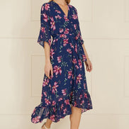 Yumi Navy Floral Kimono Dipped Hem Dress