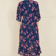 Yumi Navy Floral Kimono Dipped Hem Dress