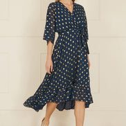 Yumi Navy Foil Print Wrap Over Dip Hem Midi Dress