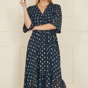 Yumi Navy Foil Print Wrap Over Dip Hem Midi Dress