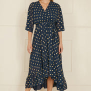 Yumi Navy Foil Print Wrap Over Dip Hem Midi Dress
