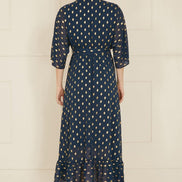 Yumi Navy Foil Print Wrap Over Dip Hem Midi Dress