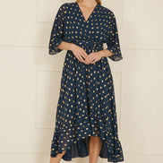 Yumi Navy Foil Print Wrap Over Dip Hem Midi Dress
