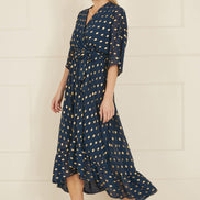 Yumi Navy Foil Print Wrap Over Dip Hem Midi Dress