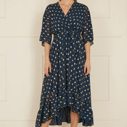 Yumi Navy Foil Print Wrap Over Dip Hem Midi Dress