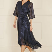 Yumi Navy Sequin Kimono Midi Wrap Dress