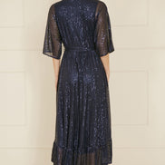 Yumi Navy Sequin Kimono Midi Wrap Dress