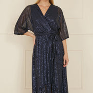 Yumi Navy Sequin Kimono Midi Wrap Dress