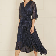 Yumi Navy Sequin Kimono Midi Wrap Dress
