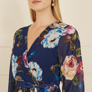 Yumi Navy Watercolour Dip Hem Midi Wrap Dress