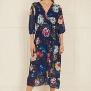 Yumi Navy Watercolour Dip Hem Midi Wrap Dress