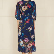 Yumi Navy Watercolour Dip Hem Midi Wrap Dress